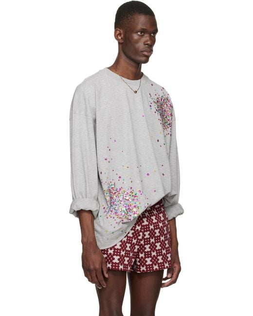 Dries Van Noten メンズ グレー エンベリッシュド 長袖Tシャツ 【公式