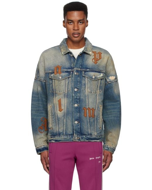 Palm Angels Blue Oversize Logo Patches Denim Jacket for men