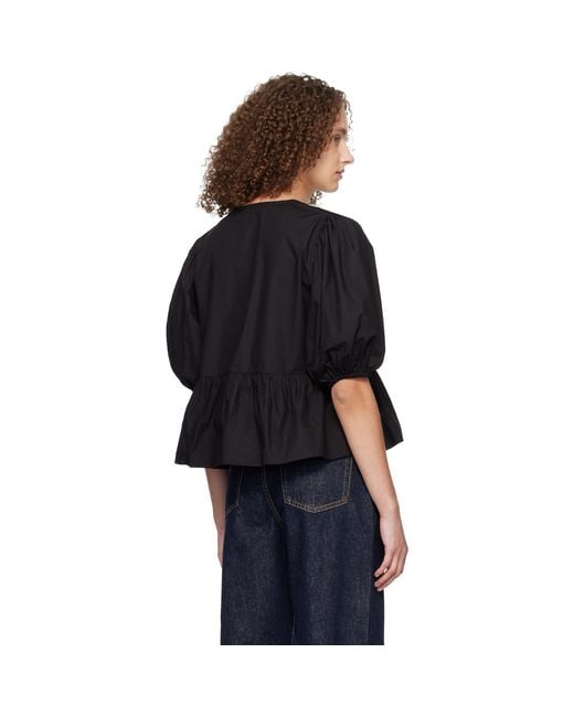 Ganni Black Cotton Poplin Peplum Tie Blouse