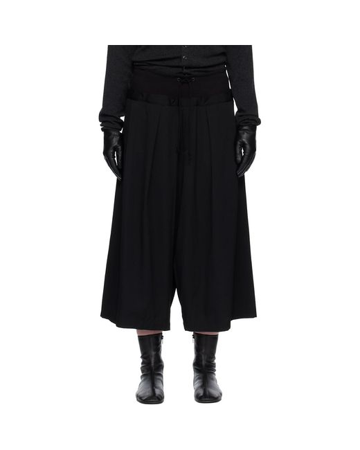 Y's Yohji Yamamoto Black Wool Gabardine Rib Waist Wide Trousers