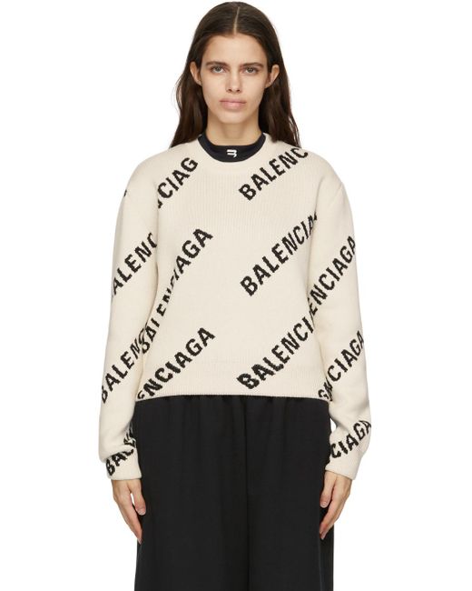 Balenciaga Off-white Cropped Allover Logo Sweater | Lyst
