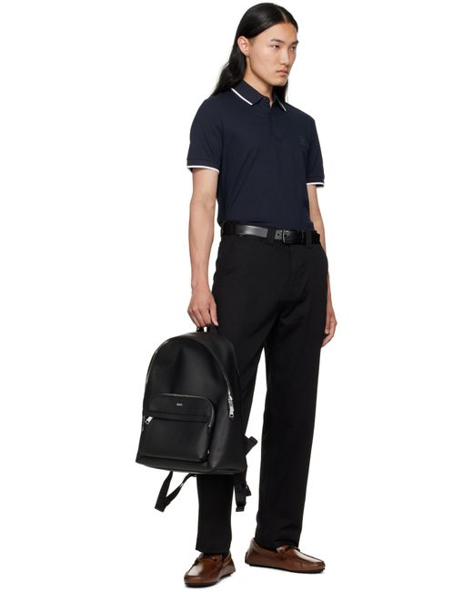 メンズ Boss ブラック ロゴ刻印 レザー バックパック Black