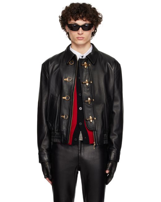 Ernest W. Baker Black Buckle Bomber Leather Jacket for men
