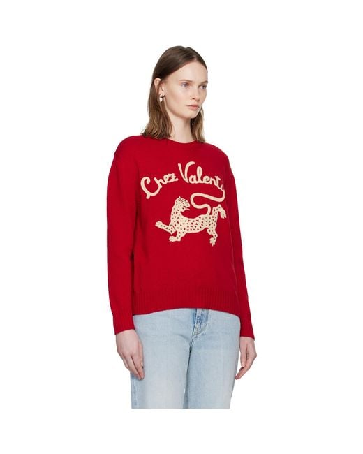 Valentino Red Wool 'Chez & Panther Embroidery Sweater
