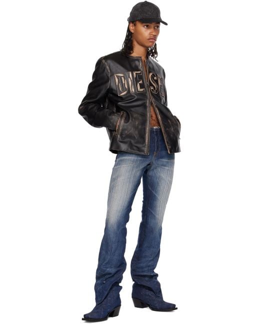 Veste en cuir effet vieilli avec logo en metal DIESEL pour homme en coloris Noir Lyst