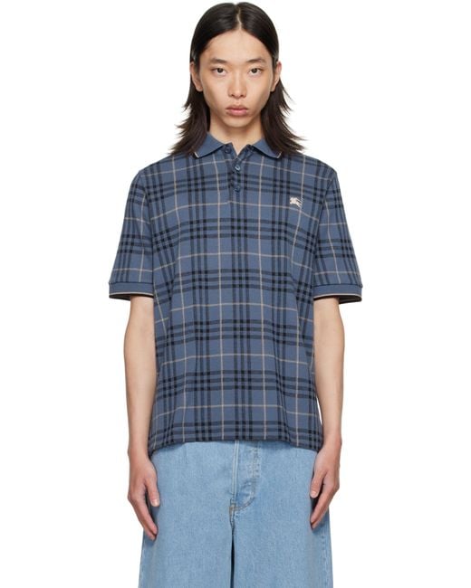 Burberry Blue Check Cotton Polo for men