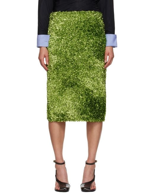 Dries Van Noten Green Tinsel Midi Skirt