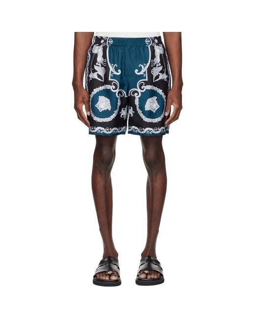 Versace Blue Printed Silk Twill Slim Shorts for men