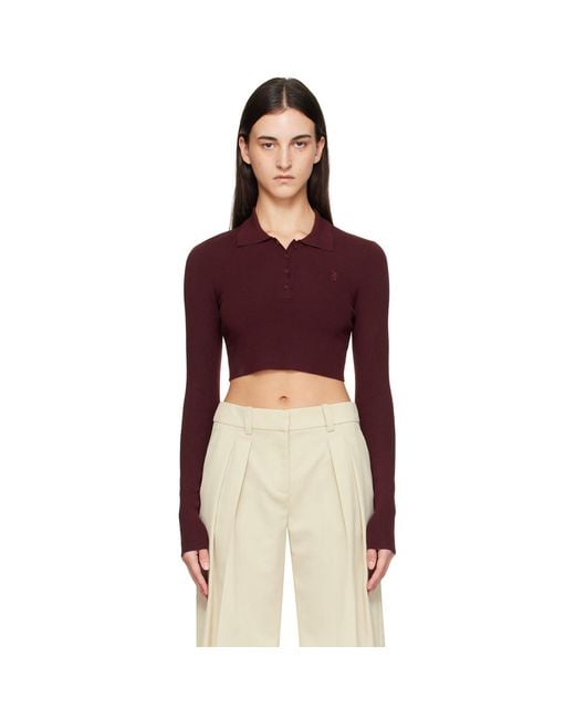 Frankie Shop Red Burgundy Giselle Cropped Knit Polo