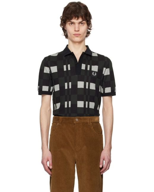 メンズ Fred Perry グリーン＆ブラック スプリット チェッカーボード ポロシャツ Black
