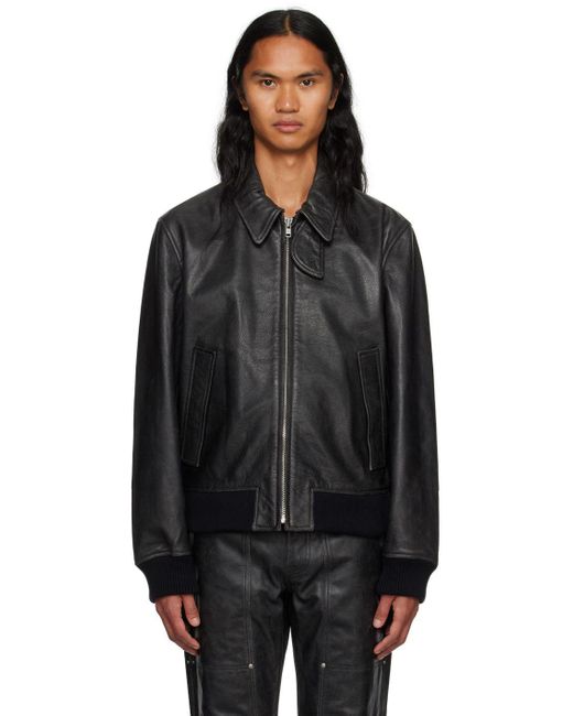 Helmut Lang Black Zip Leather Bomber Jacket for men