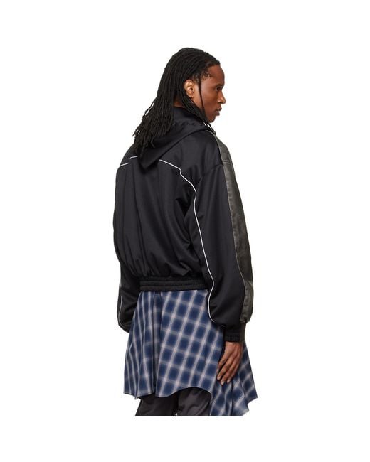 we11done Black Hybrid Hooded Faux-Leather Track Jacket for men