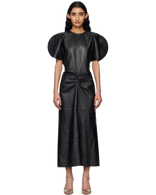 Victoria Beckham ブラック ギャザーウエスト レザー ミディアムドレス Black