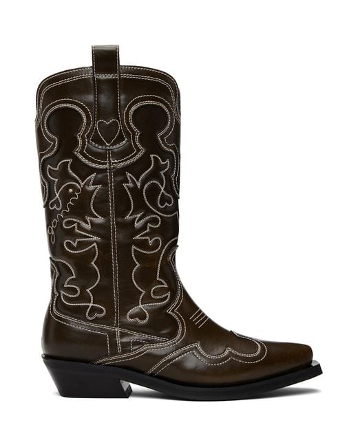 Ganni Brown Mid Shaft Embroidered Western Boots