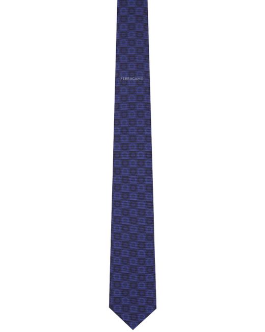 Ferragamo Black Navy Gancini Silk Jacquard Tie for men