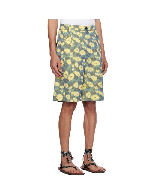 Marni Green Linen Blend Blurry Floral Print Shorts for men