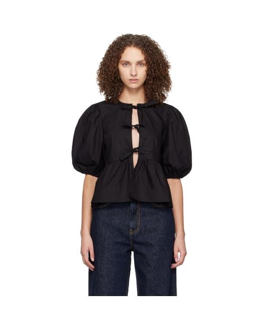 Ganni Black Cotton Poplin Peplum Tie Blouse