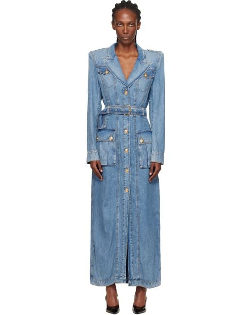 Balmain Black Belted Long Denim Coat
