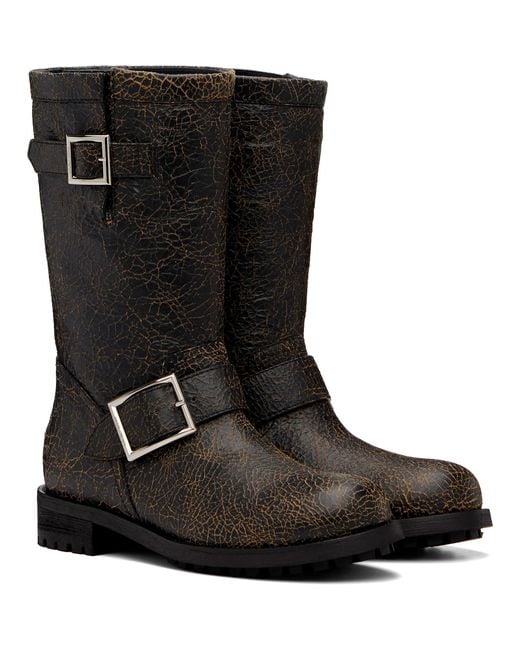 Jimmy Choo Black Biker Midcrackled Leather Boots