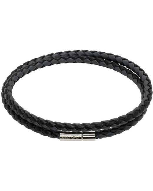 HUGO Black Double-Wrap Two-Tone Leather Bracelet for men