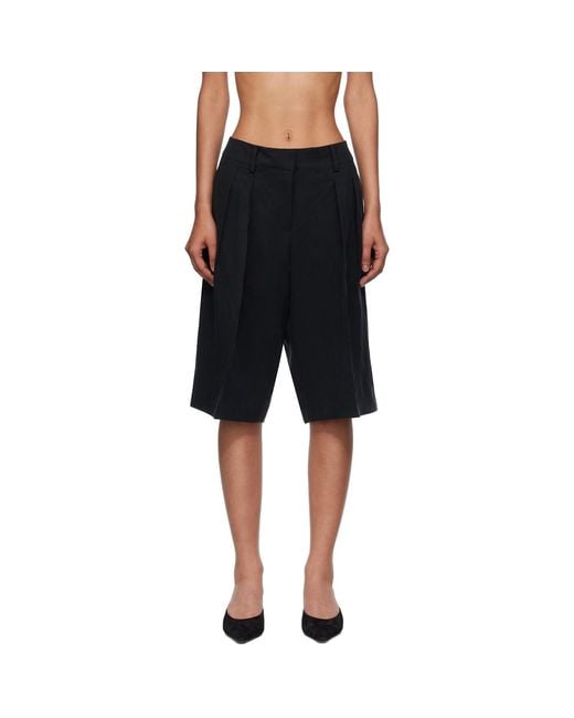 Frankie Shop Black Bilbao Pleated Linen Bermuda Shorts