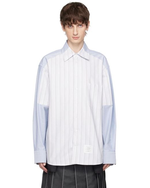 Thom Browne White Gray & Blue Paneled Shirt for men