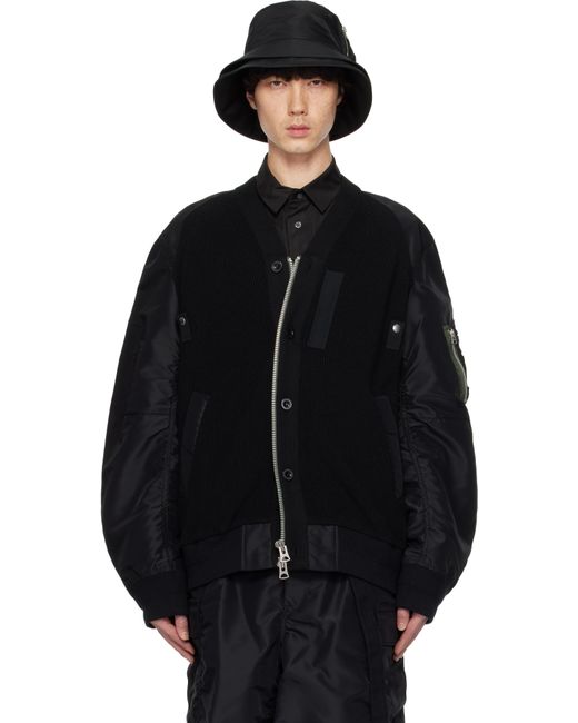 メンズ Sacai ブラック ナイロンツイル X ニット ボンバージャケット Black
