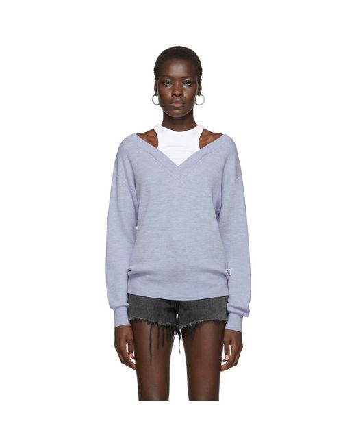T By Alexander Wang Blue Cropped Bi-layer V-neck Sweater
