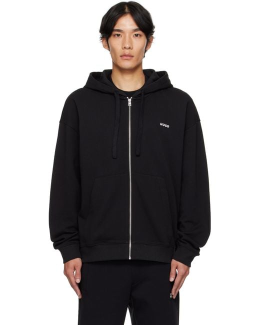 HUGO Black Relaxed-Fit Cotton Terry Zip-Up Hoodie for men