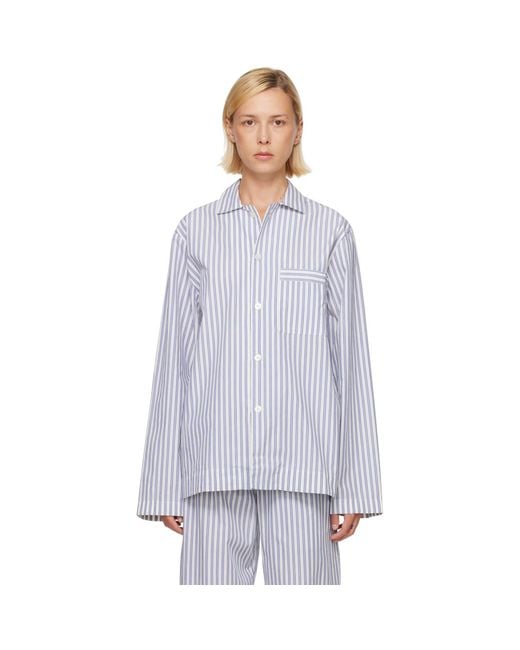 Tekla Blue Poplin Long-Sleeved Pyjama Shirt