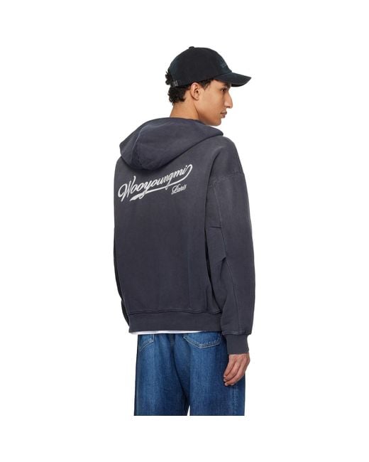 Wooyoungmi Blue Lettering Back Logo Zip-Up Hoodie for men