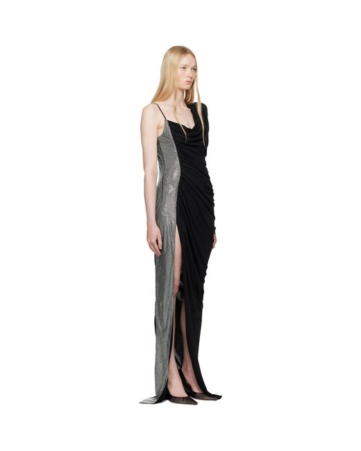 Balmain Black Draped Asymmetrical Two-Material Maxi Dress