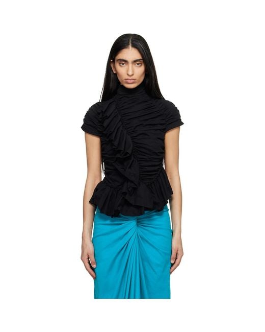 Dries Van Noten Black Fitted Gathered High-Neck Blouse