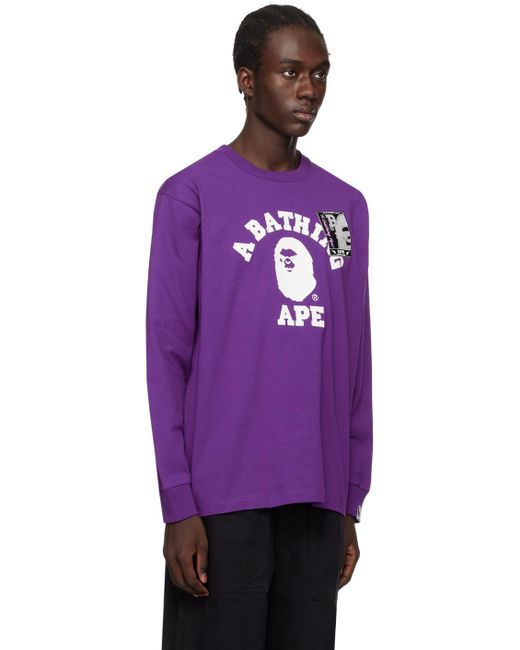 T-shirt à manches longues mauve à logo de style collégial A Bathing Ape pour homme en coloris Purple