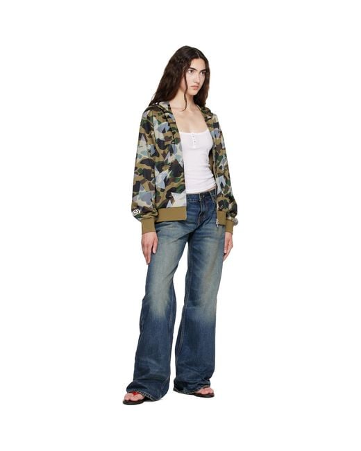 A Bathing Ape Green Camo Mesh Shark Cropped Fit Full Zip Hoodie