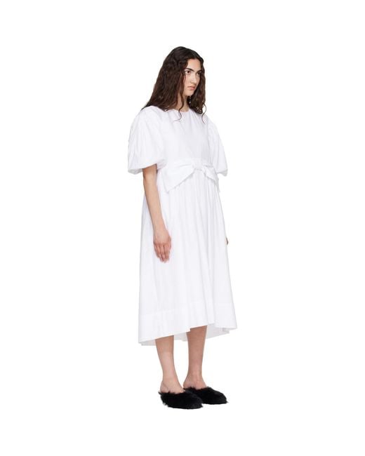 Simone Rocha White Puff Sleeve Gathered Bow Smock Midi Dress