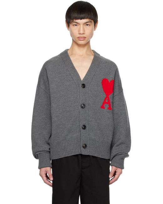 AMI Gray Ami Large A Heart Cardigan for men