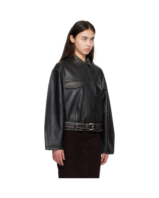 St. Agni Black Brushed Belted Leather Jacket