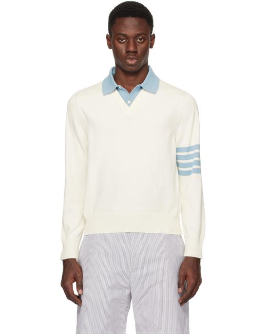 Thom Browne White Off- 4-Bar Long Sleeve Polo for men