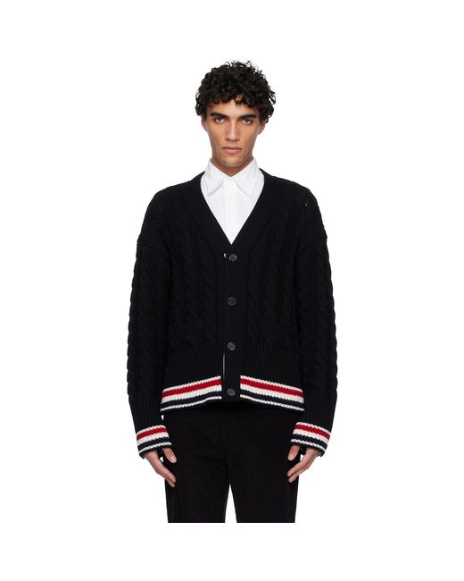 Thom Browne Black Merino Baby Cable Stitch Rwb Stripe Cardigan for men