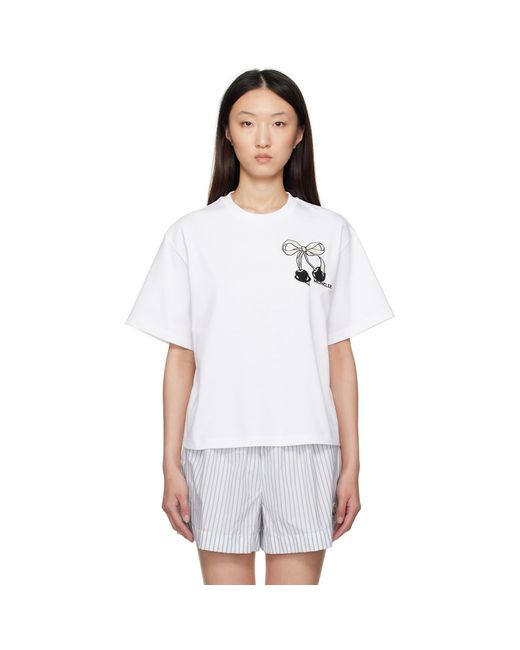 Moncler Women's White Embroidered Cherry Logo Cotton T-Shirt
