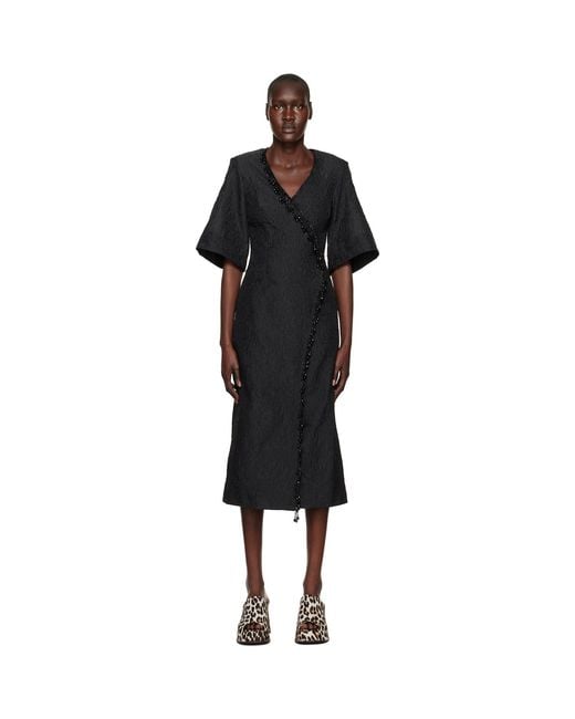 Ganni Black Bead-embellished Cloqué Midi Wrap Dress