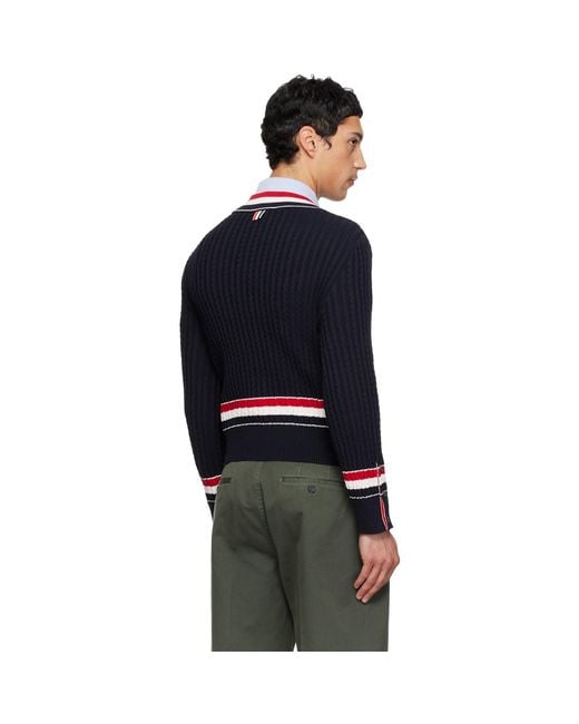 Thom Browne Blue Cable V Neck Sweater for men