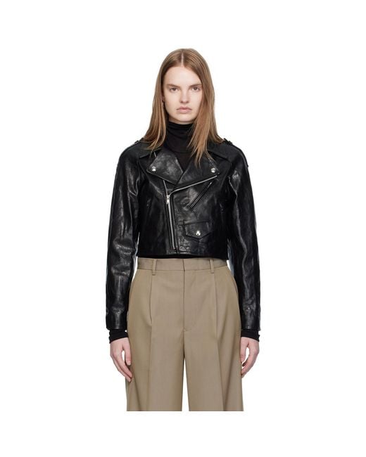Auralee Black Cropped Riders Lamb Leather Jacket