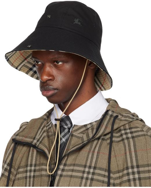 メンズ Burberry ブラック チェックブリム ギャバジン バケット