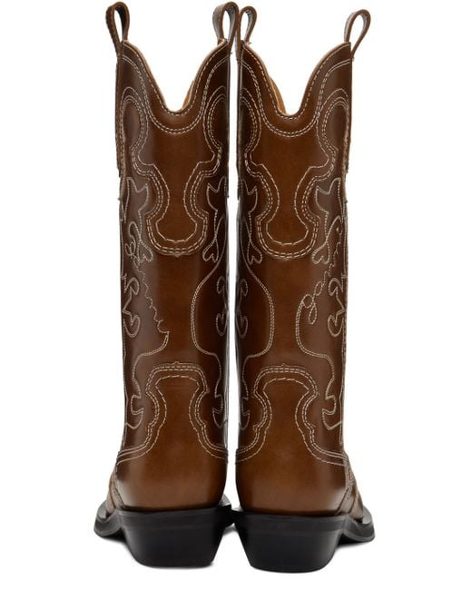 GANNI｜BOOTS (BRWON SUEDE MID SHAFT EMBROIDERED WESTERN Brown Suede Mid Shaft Embroidered Western Boots | GANNI AU