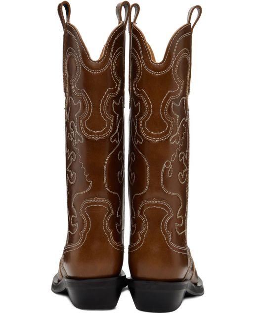 Bottes de cowboy hauteur mi-mollet brunes à ornements brodés Ganni en coloris Brown