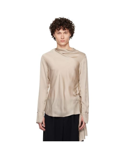 AARON ESH Black Taupe Draped Neck Long Sleeve Silk Blouse for men