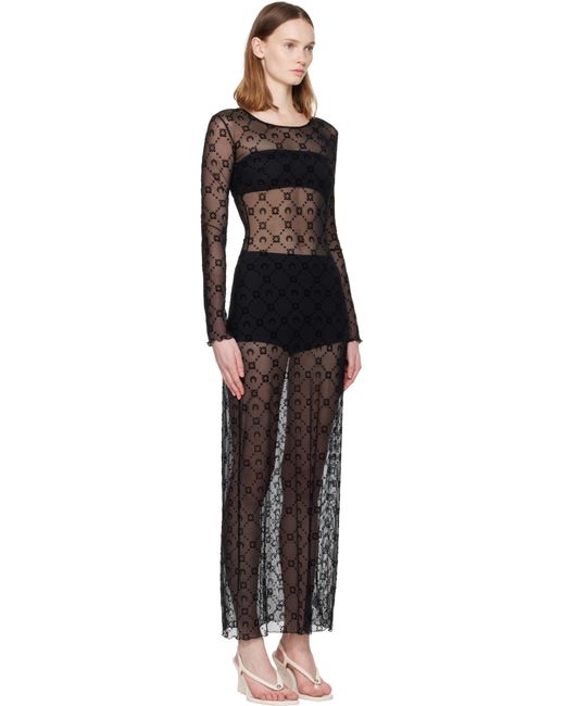 MARINE SERRE Black Moonogram Mesh Flock Ls Crewneck Maxi Dress