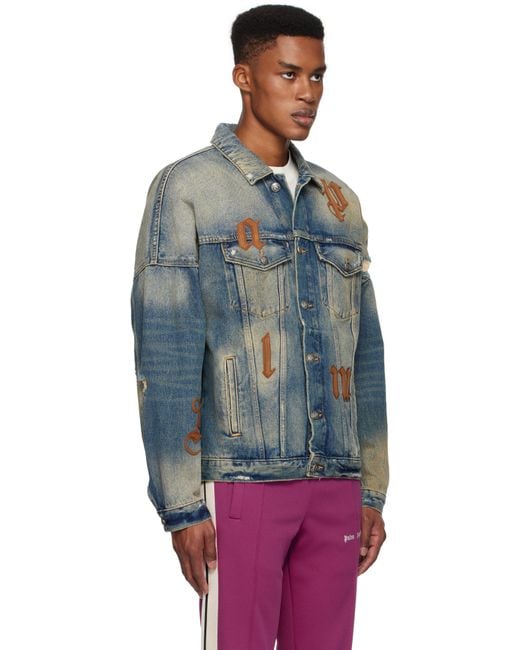 Palm Angels Blue Oversize Logo Patches Denim Jacket for men